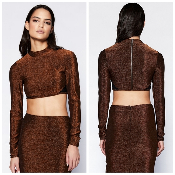 NWT Bardot Tuscany Long Sleeve Lurex Crop Top in Bronze Lur Medium - Picture 1 of 10